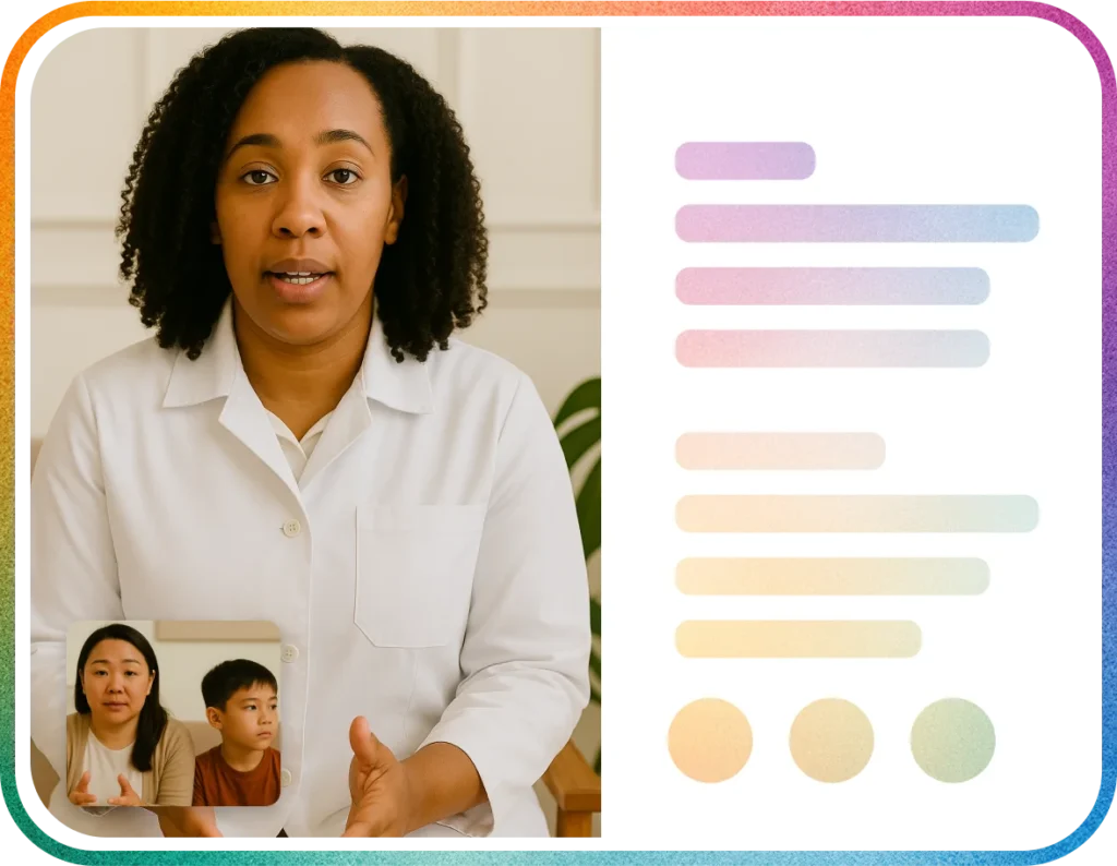 autism therapist talking with autistic child and parent